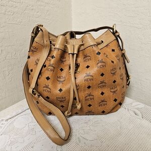 MCM Cognac Medium Drawstring Bucket Shoulder Bag AUTHENTIC